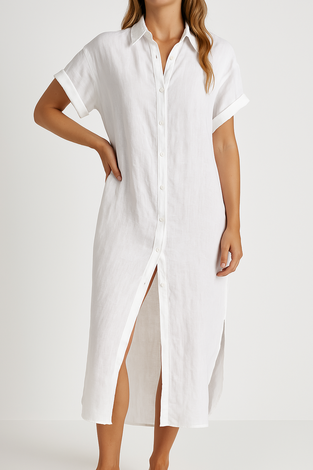 Women's Button-Down Shirt Dress | Lightweight Collared Design with Front Slit 1