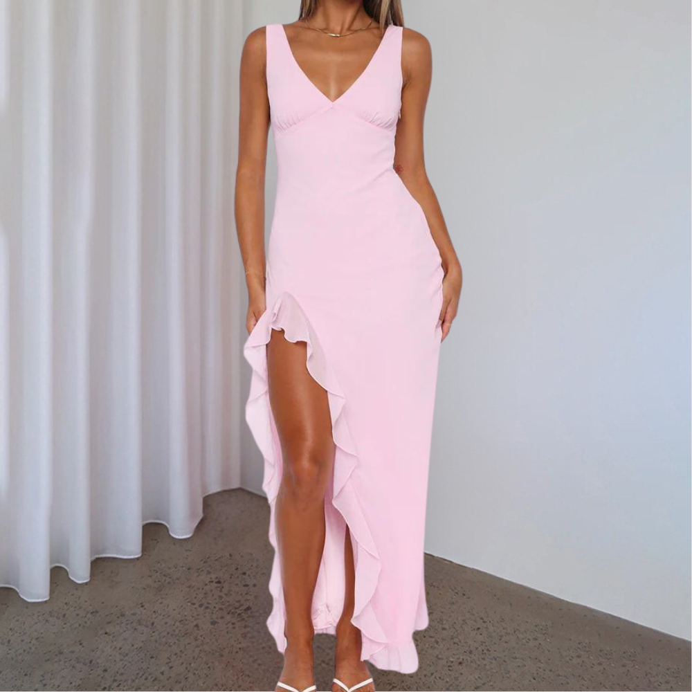 Women's Evening Dress | Sleeveless Deep V-Neck with High-Low Hem 1