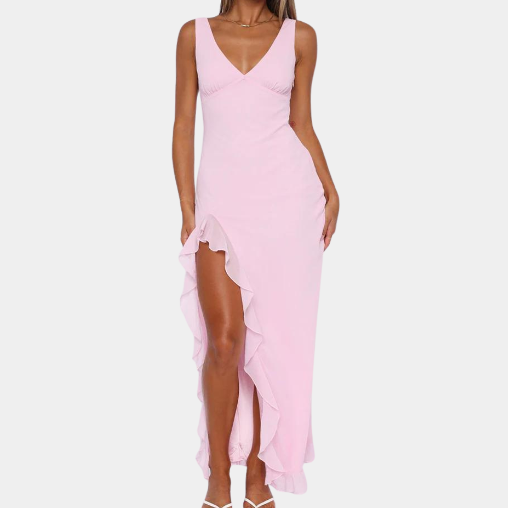 Women's Evening Dress | Sleeveless Deep V-Neck with High-Low Hem 3