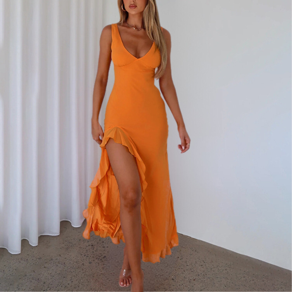 Women's Evening Dress | Sleeveless Deep V-Neck with High-Low Hem 7