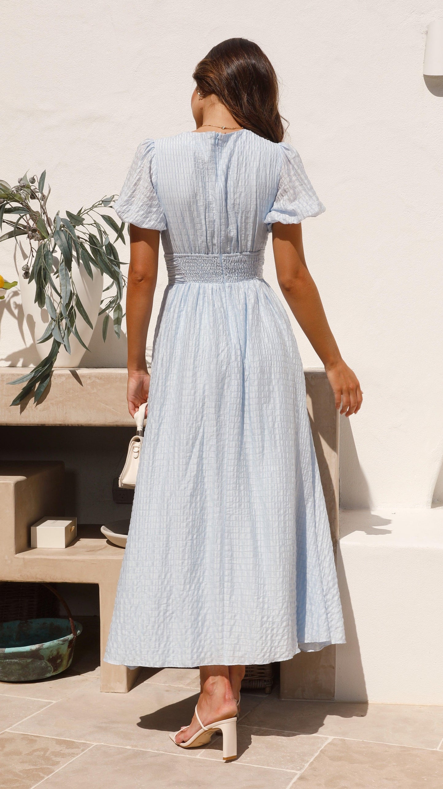 Women's Maxi Dress | Checked V-Neck with Puff Sleeves and Button-Down Front 3