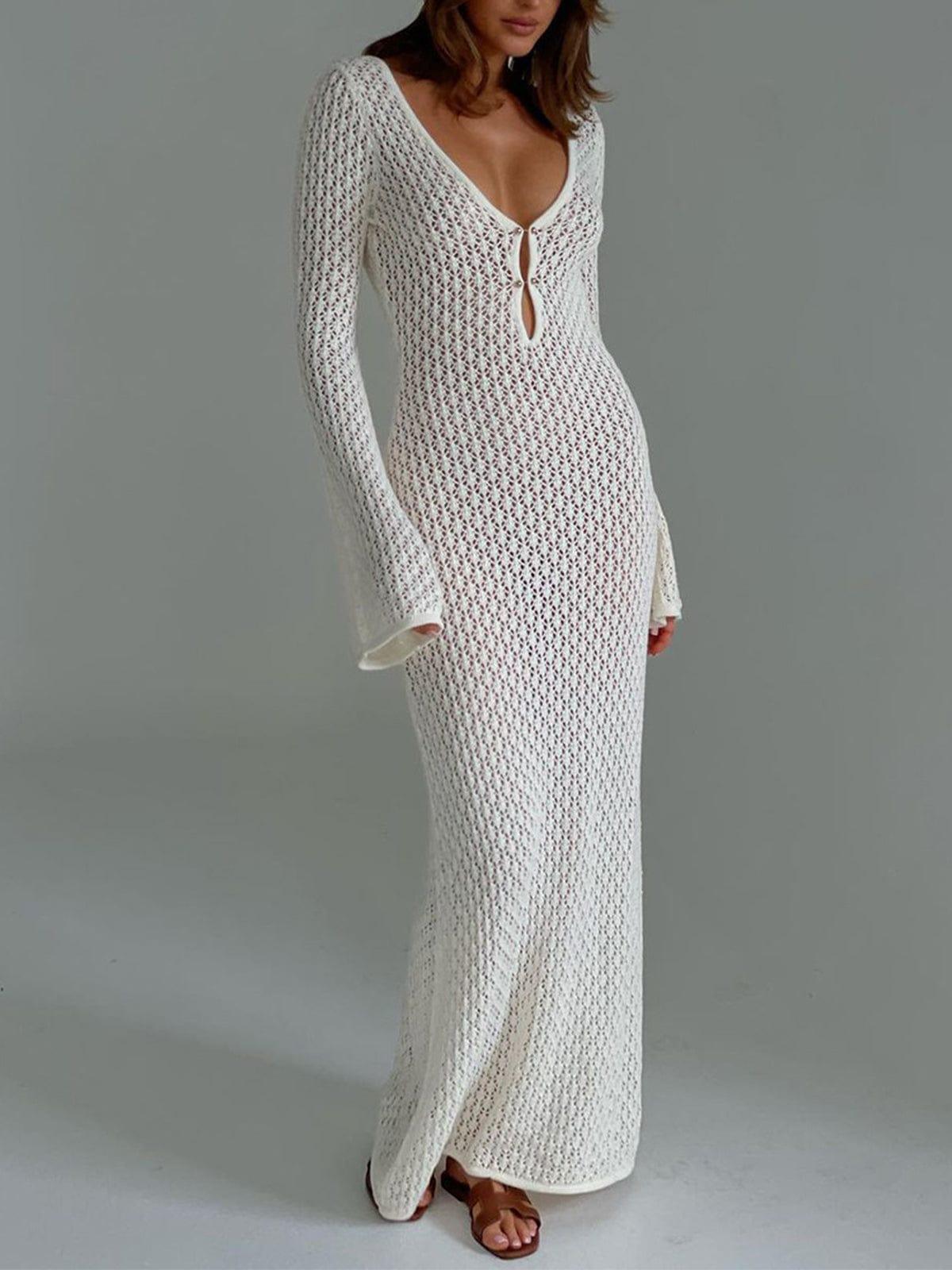 Women's Maxi Dress | Crochet Open Stitch with Long Sleeves and Deep V-Neck 0