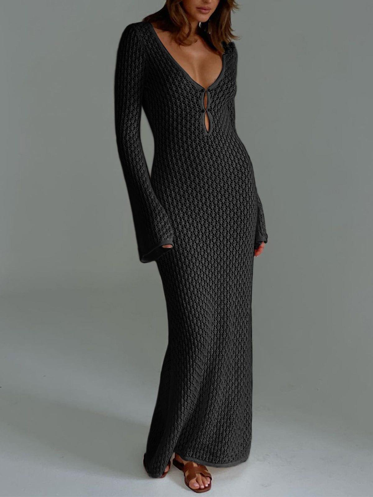 Women's Maxi Dress | Crochet Open Stitch with Long Sleeves and Deep V-Neck 5