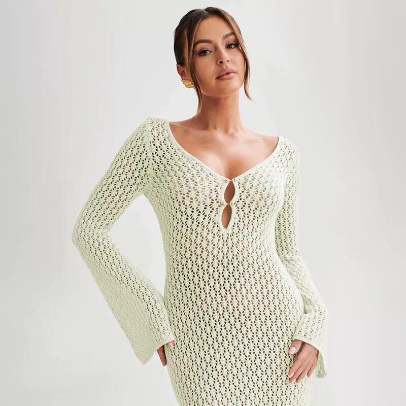 Women's Maxi Dress | Crochet Open Stitch with Long Sleeves and Deep V-Neck 6