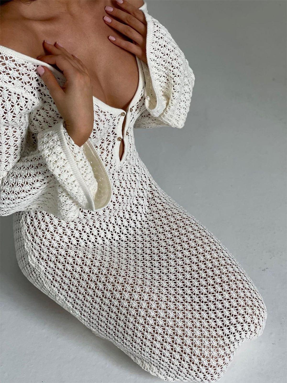 Women's Maxi Dress | Crochet Open Stitch with Long Sleeves and Deep V-Neck 8