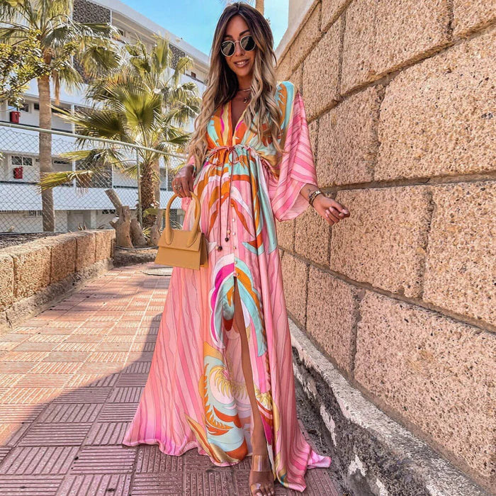 Women's Maxi Dress | V-Neck Button Down with Belted Waist and Abstract Print 0