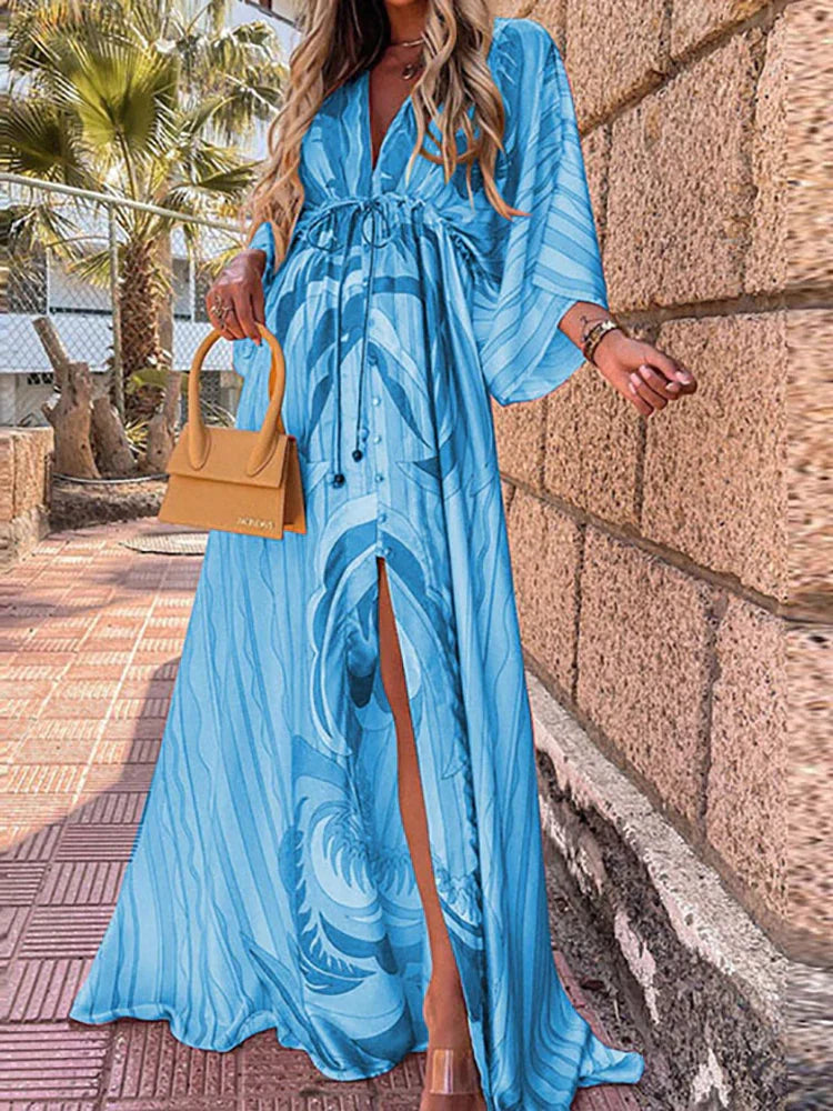 Women's Maxi Dress | V-Neck Button Down with Belted Waist and Abstract Print 1