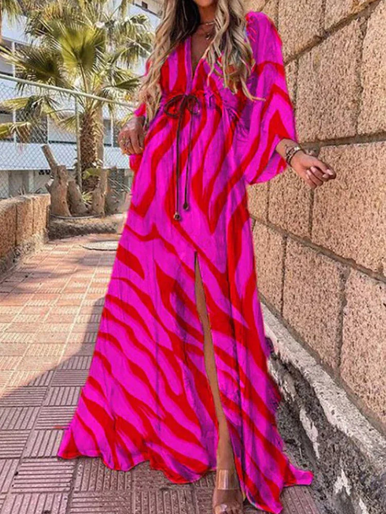 Women's Maxi Dress | V-Neck Button Down with Belted Waist and Abstract Print 2