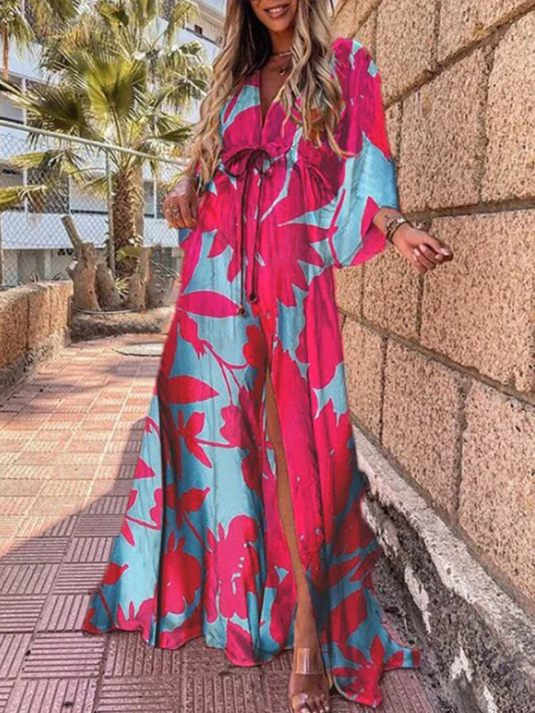 Women's Maxi Dress | V-Neck Button Down with Belted Waist and Abstract Print 3