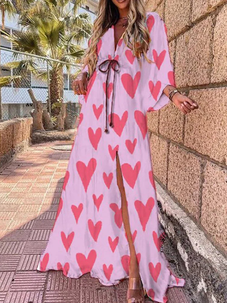 Women's Maxi Dress | V-Neck Button Down with Belted Waist and Abstract Print 4