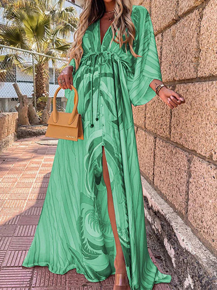Women's Maxi Dress | V-Neck Button Down with Belted Waist and Abstract Print 5