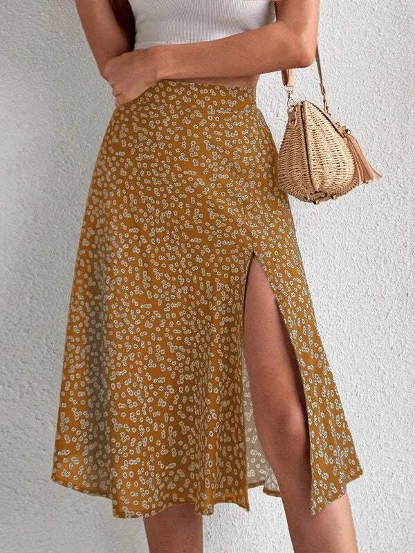 Women's Midi Skirt | High Waist A-Line Floral Print with Side Slit 2