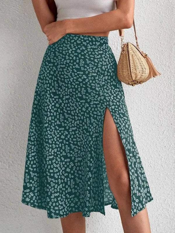 Women's Midi Skirt | High Waist A-Line Floral Print with Side Slit 3