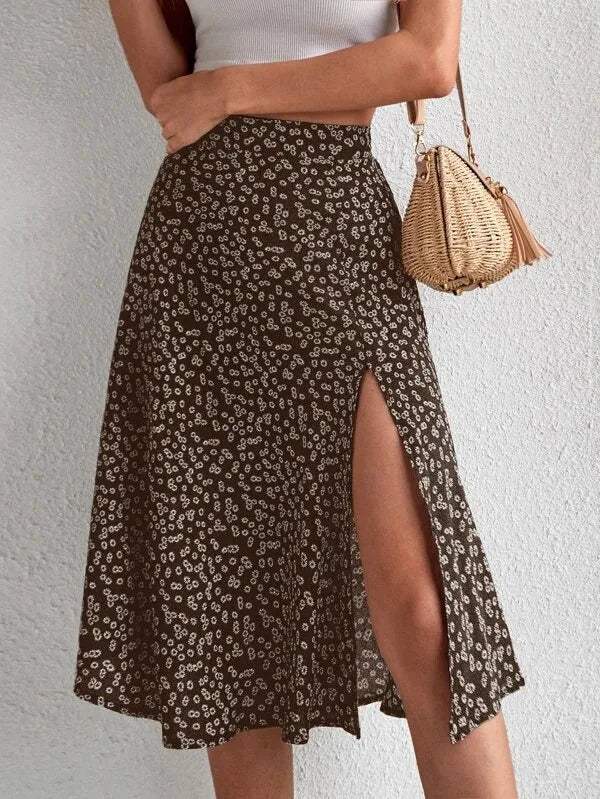 Women's Midi Skirt | High Waist A-Line Floral Print with Side Slit 4