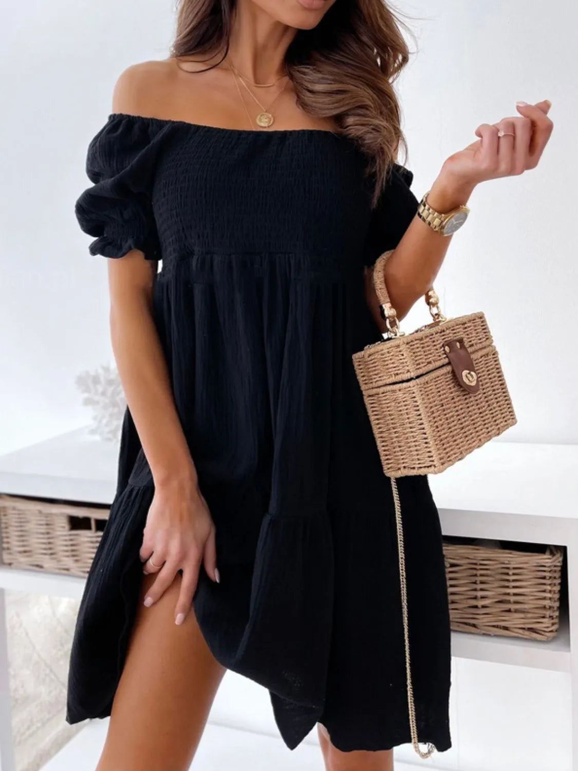Women's Summer Dress | Off-Shoulder Mini with Structured Puff Sleeves 0