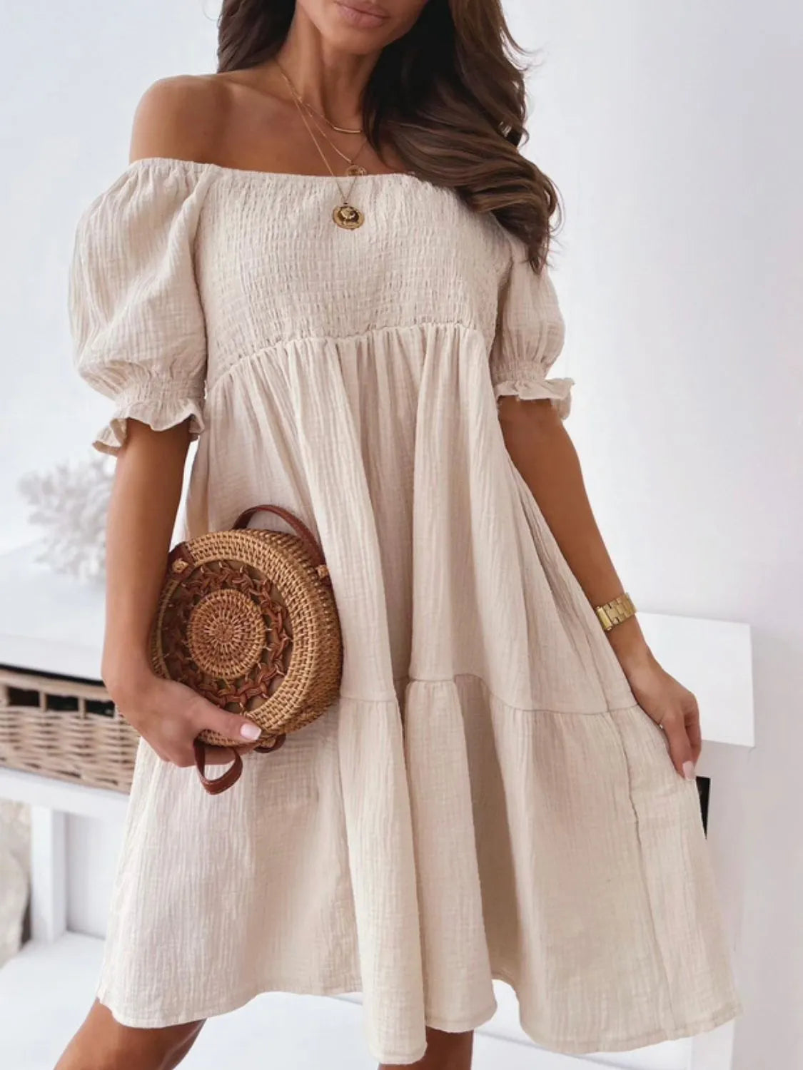 Women's Summer Dress | Off-Shoulder Mini with Structured Puff Sleeves 1