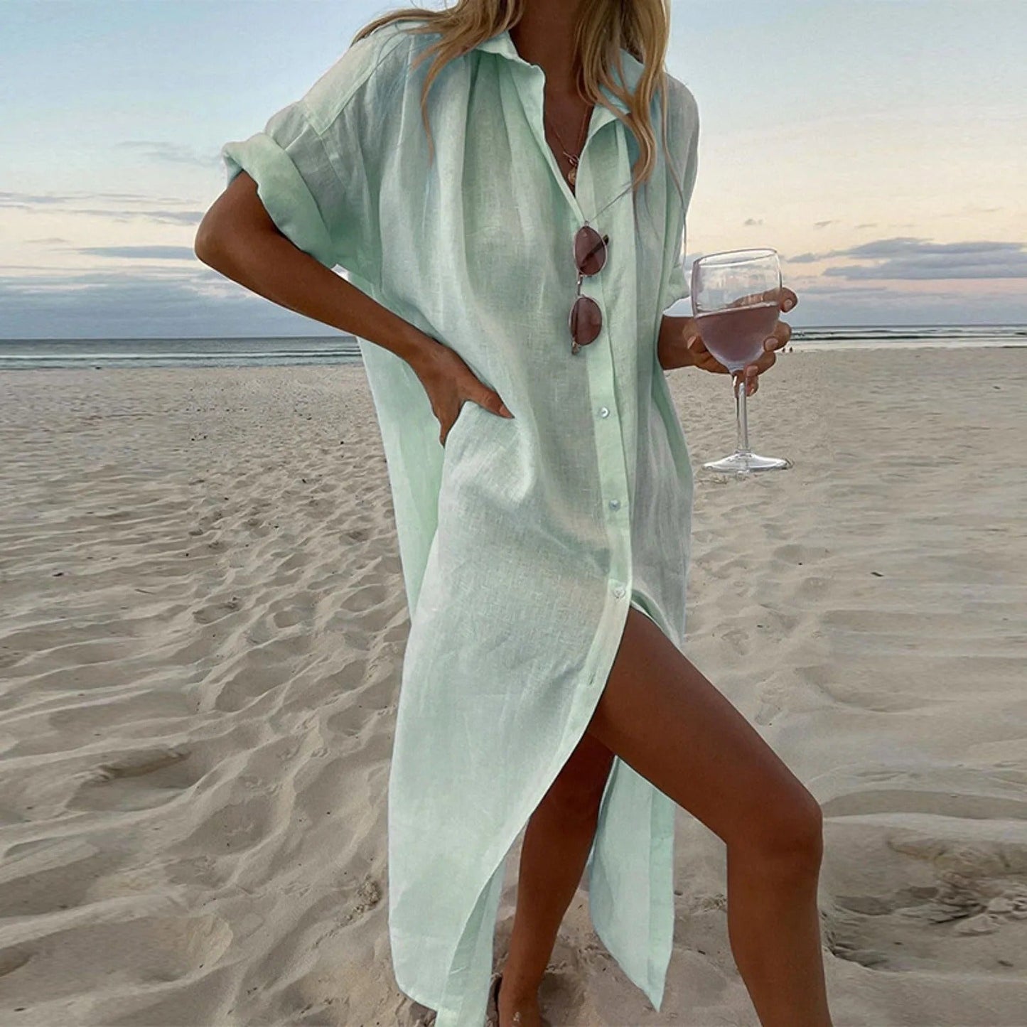 Women's Summer Maxi Dress - Lightweight Linen Blend Button-Down 2