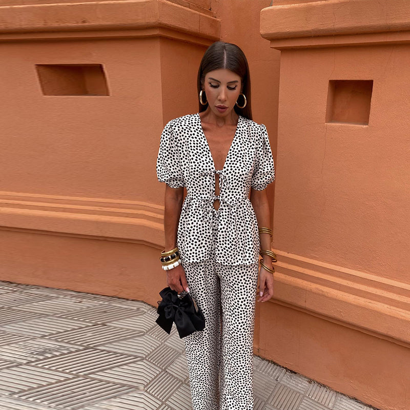 Women's Two-Piece Linen Set | Puff Sleeve Top & High-Waist Pants 1