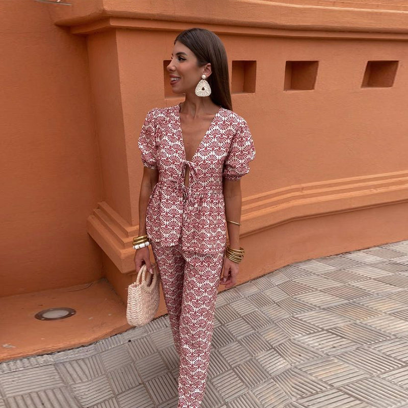 Women's Two-Piece Linen Set | Puff Sleeve Top & High-Waist Pants 2