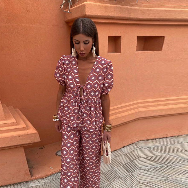 Women's Two-Piece Linen Set | Puff Sleeve Top & High-Waist Pants 5
