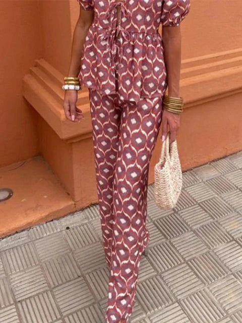Women's Two-Piece Linen Set | Puff Sleeve Top & High-Waist Pants 7