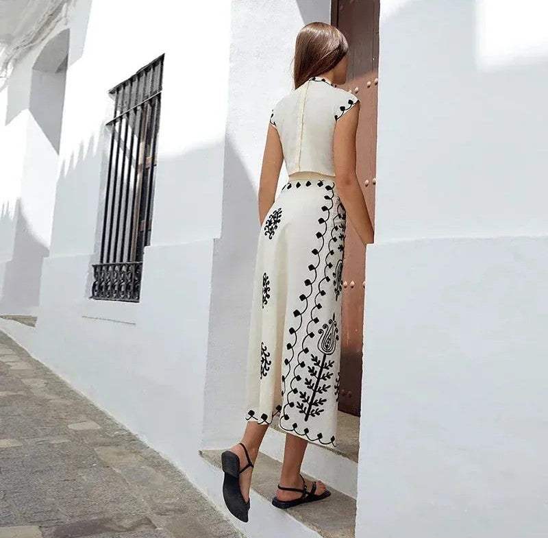 Women's Two-Piece Set | Embroidered Crop Top and Wrap Midi Skirt 4
