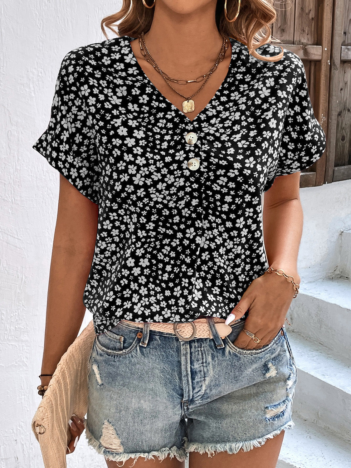 Womens Blouse | Casual Floral Short Sleeve V-Neck Top for Summer 0