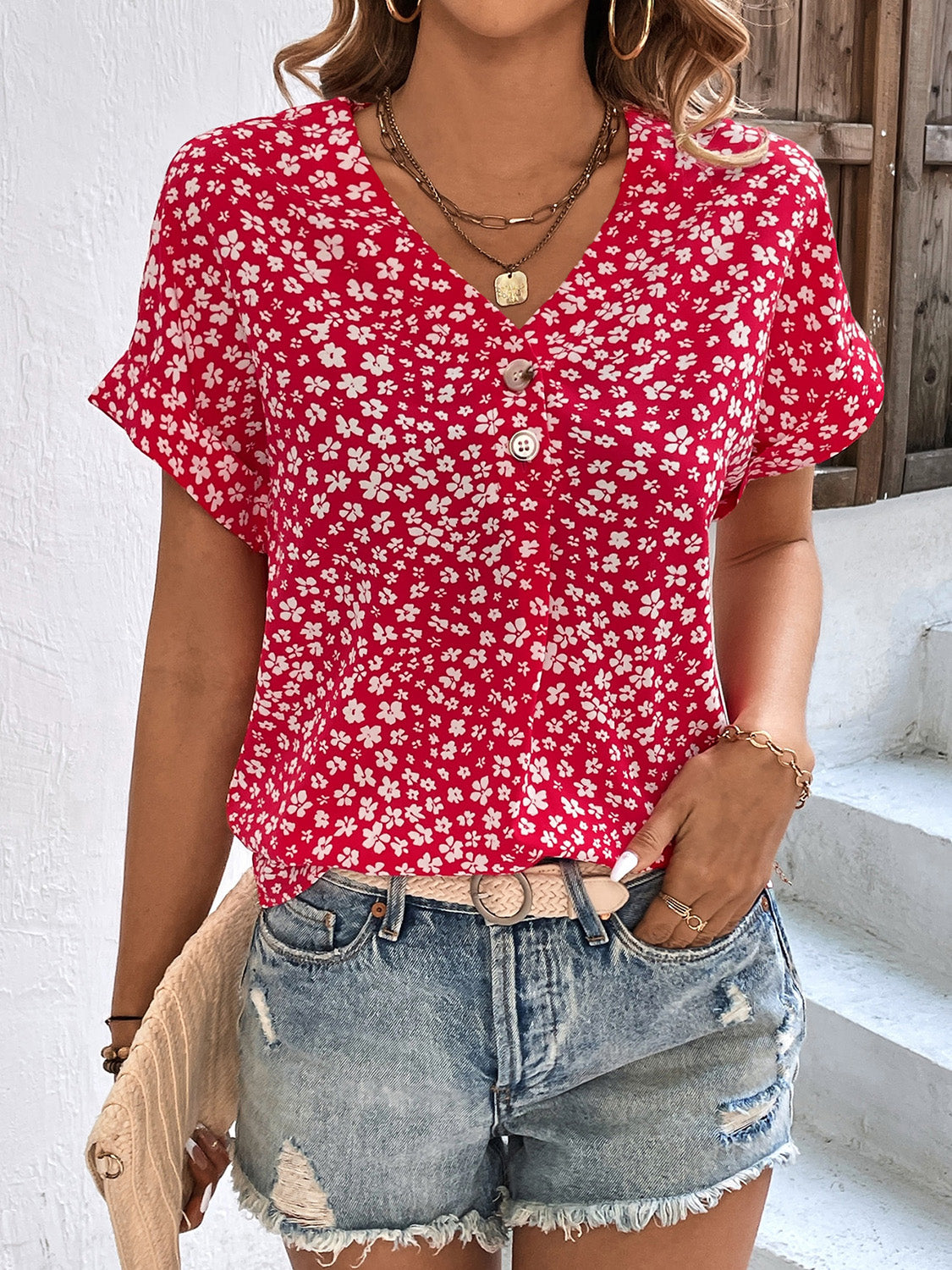 Womens Blouse | Casual Floral Short Sleeve V-Neck Top for Summer 1