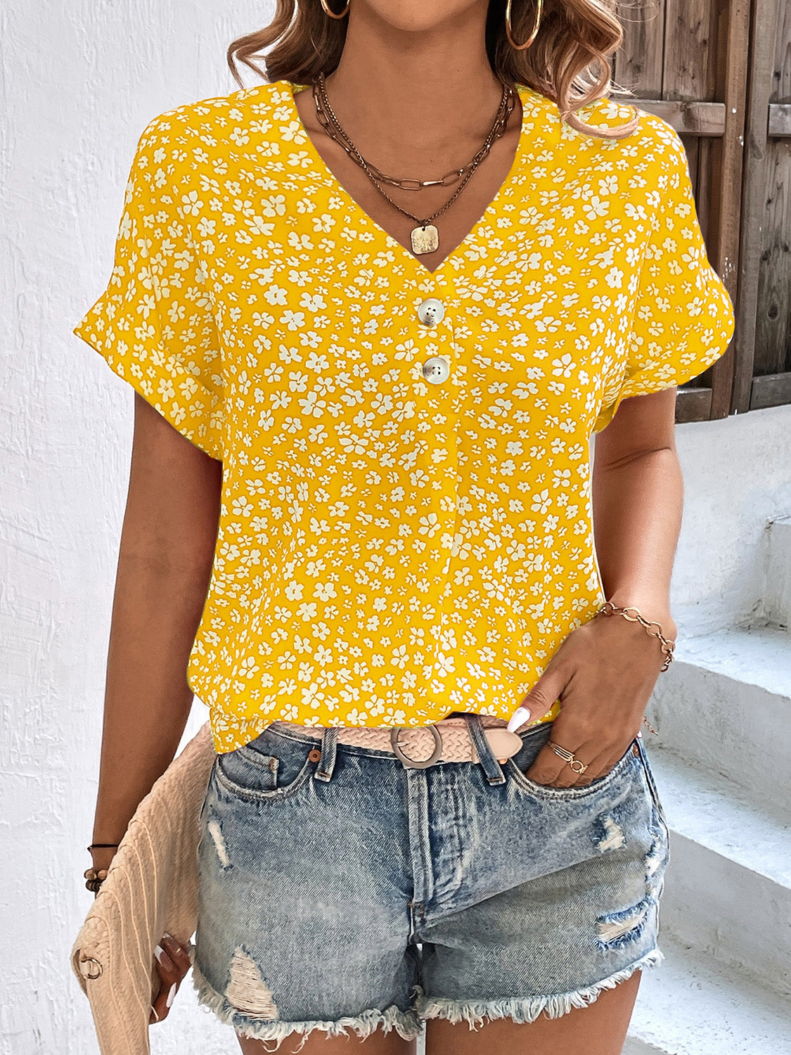 Womens Blouse | Casual Floral Short Sleeve V-Neck Top for Summer 3