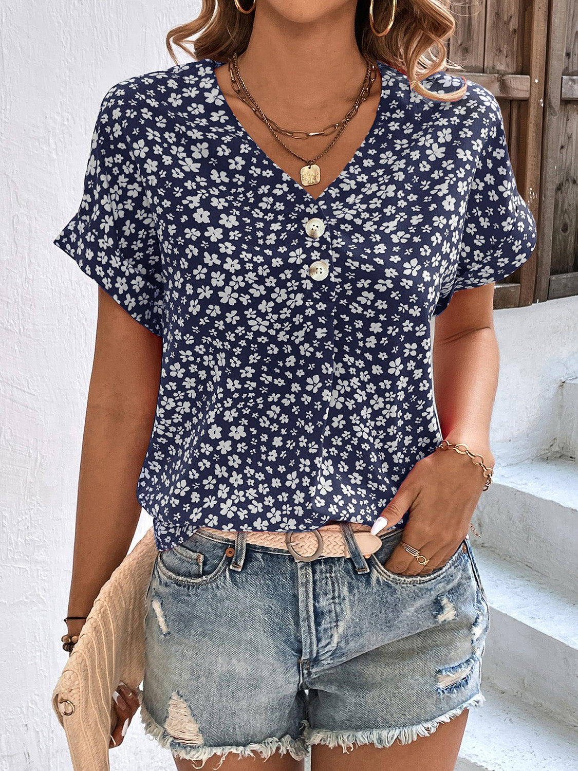 Womens Blouse | Casual Floral Short Sleeve V-Neck Top for Summer 4
