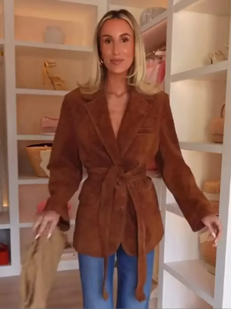 Womens Coat | Chic Suede Jacket with Belt and Long Sleeves for Autumn 6