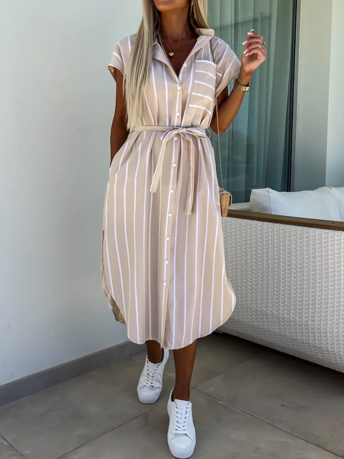 Womens Midi Dress | Stylish Striped Design with Button Closure & Flattering Silhouette 0