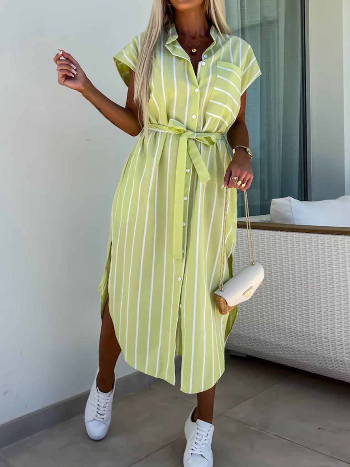 Womens Midi Dress | Stylish Striped Design with Button Closure & Flattering Silhouette 2