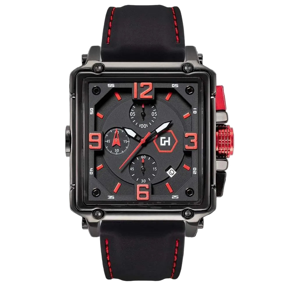 Black watch with red accents on a black background
