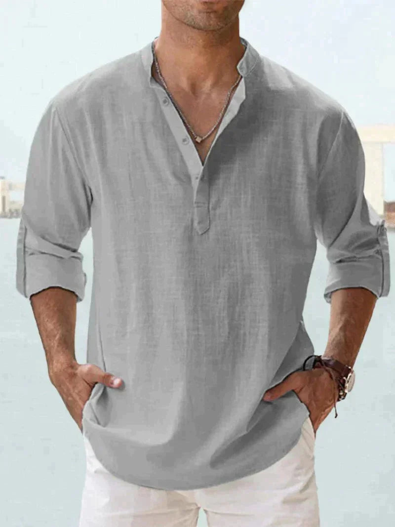 Collared V-Neck Linen Shirt