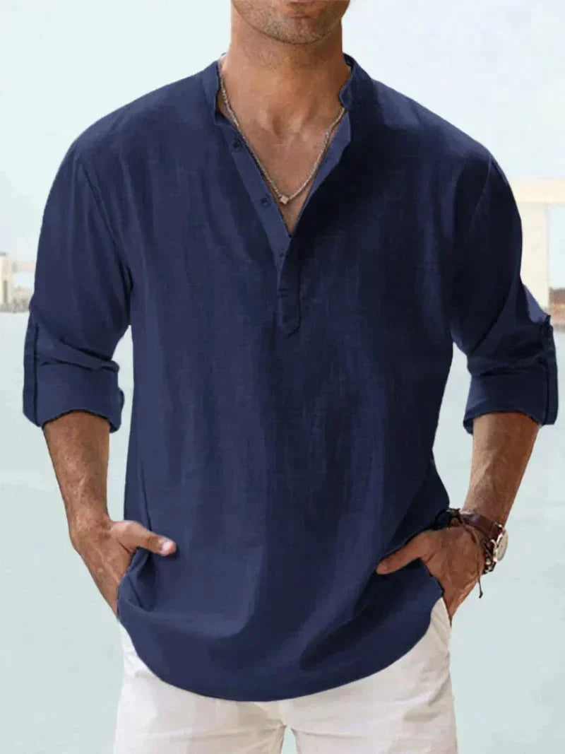 Collared V-Neck Linen Shirt