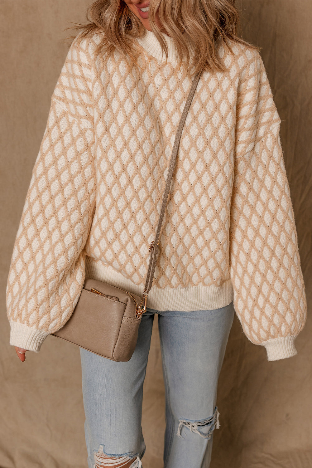 Sweter dzianinowy Ximena Rhombus z fakturą