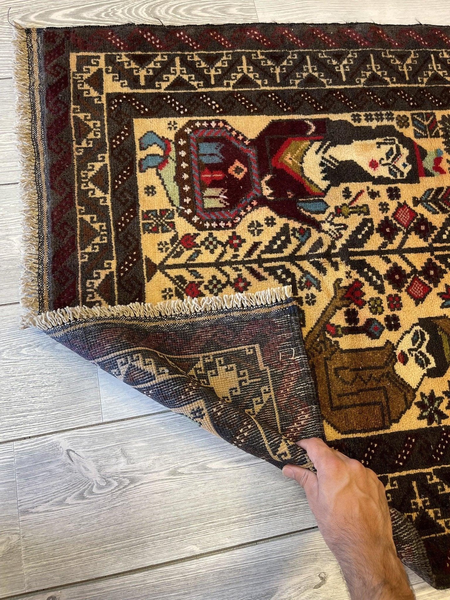 Antik stam Afghansk Baluchi Laili Majnun bildvävd matta 4.5x2.10 Ft