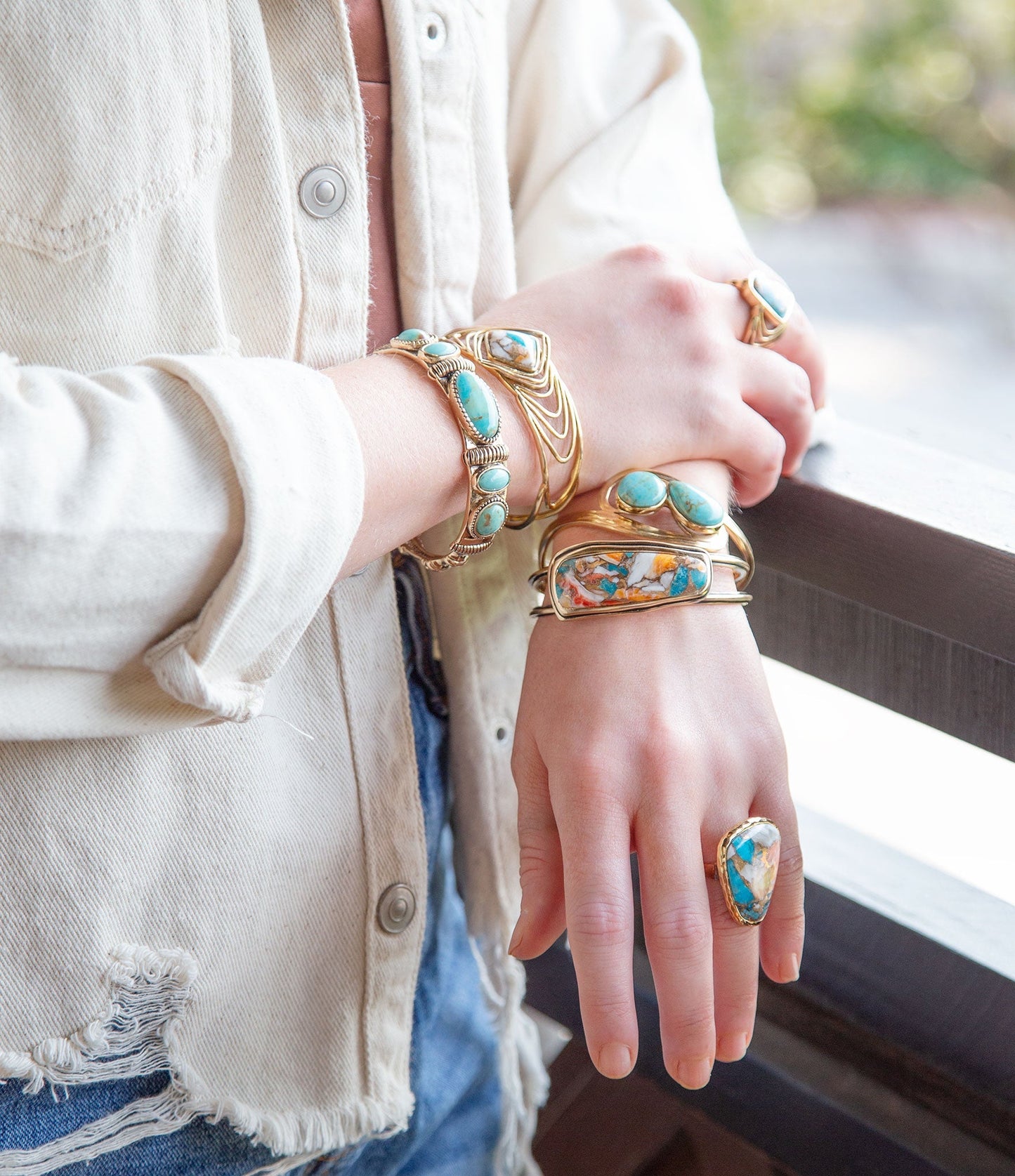 Arrows Blue Turquoise and Orange Spiny Oyster Matrix Golden Cuff Bracelet