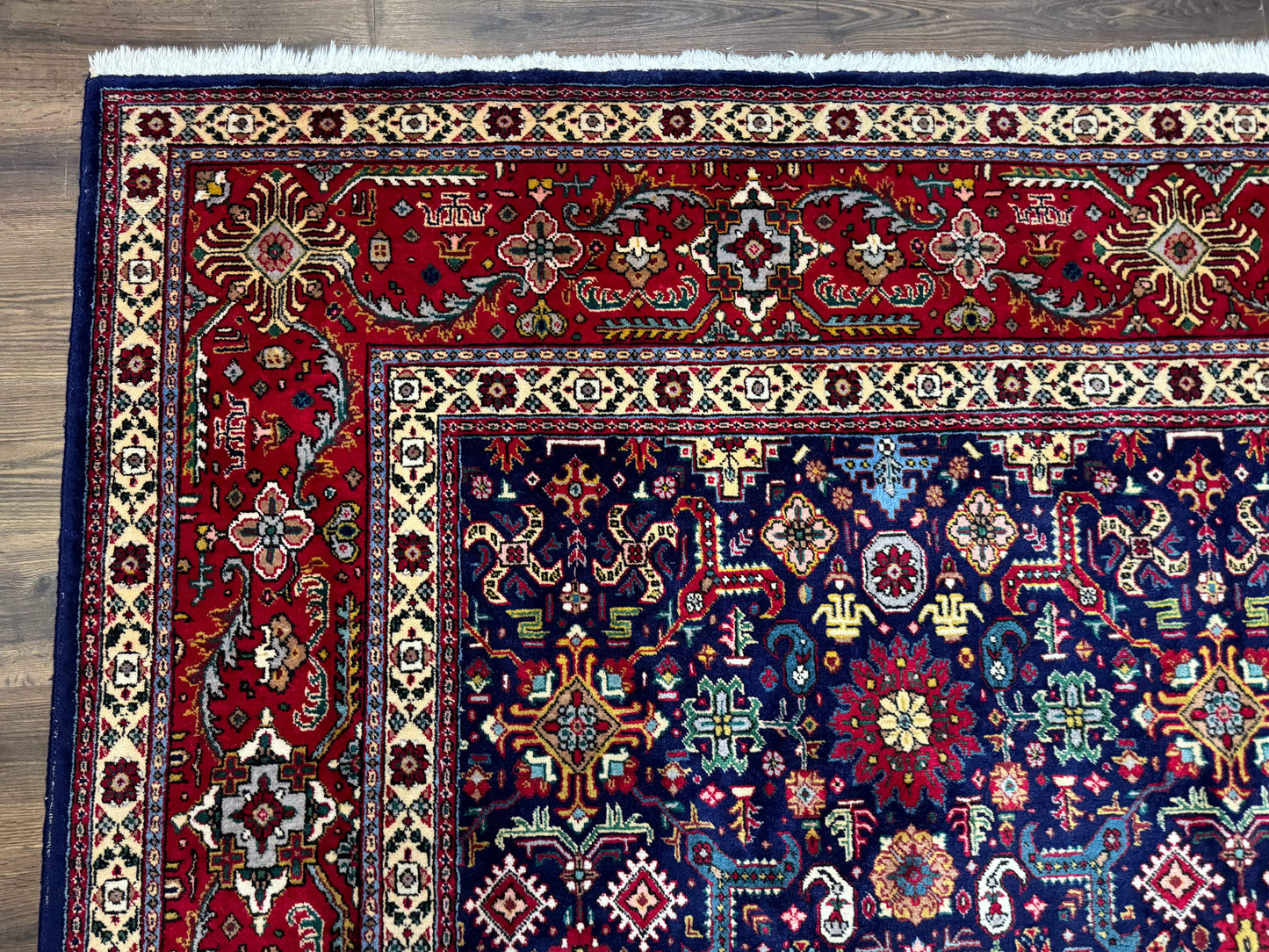 Large Persian Tabriz Rug 10x16, Navy Blue and Red, Allover Pattern, Vintage Hand Knotted Wool Carpet