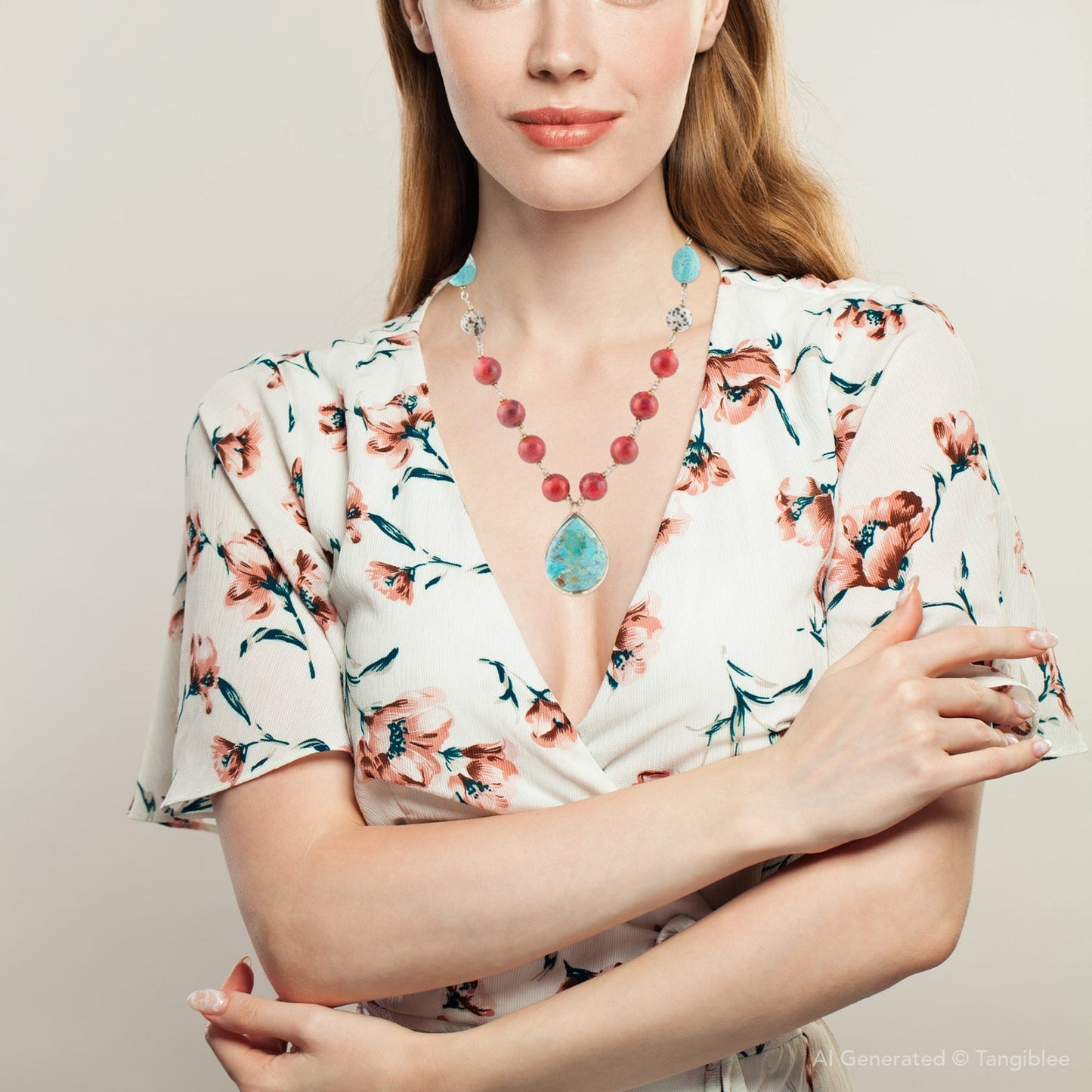 Blauwe en rode turkoois druppel gouden ketting