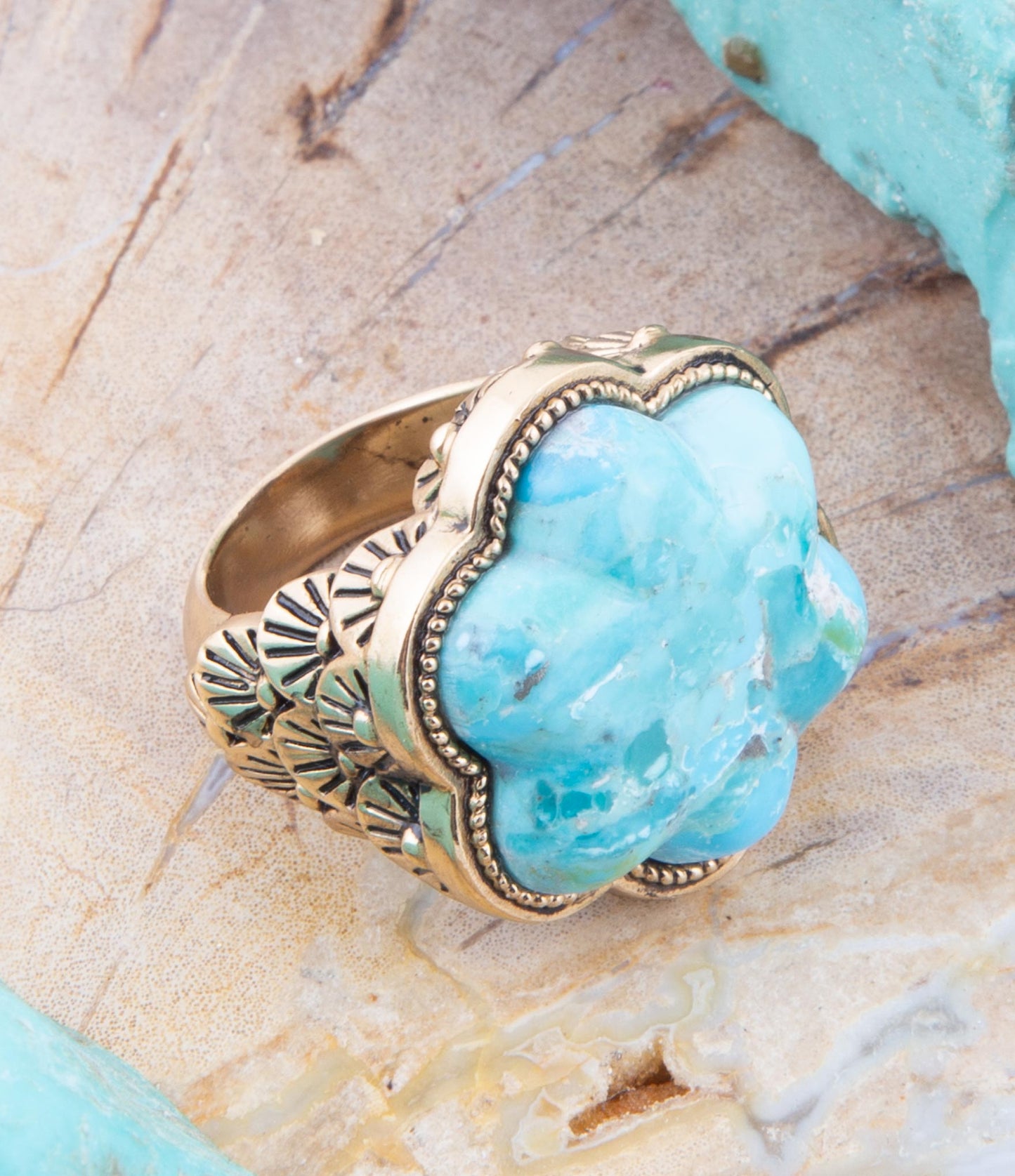 Blauer Türkis Blumen Goldring