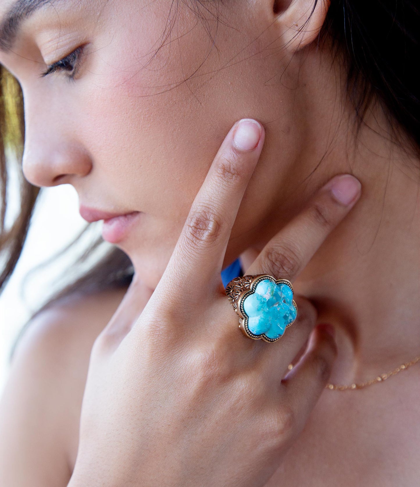 Blauer Türkis Blumen Goldring