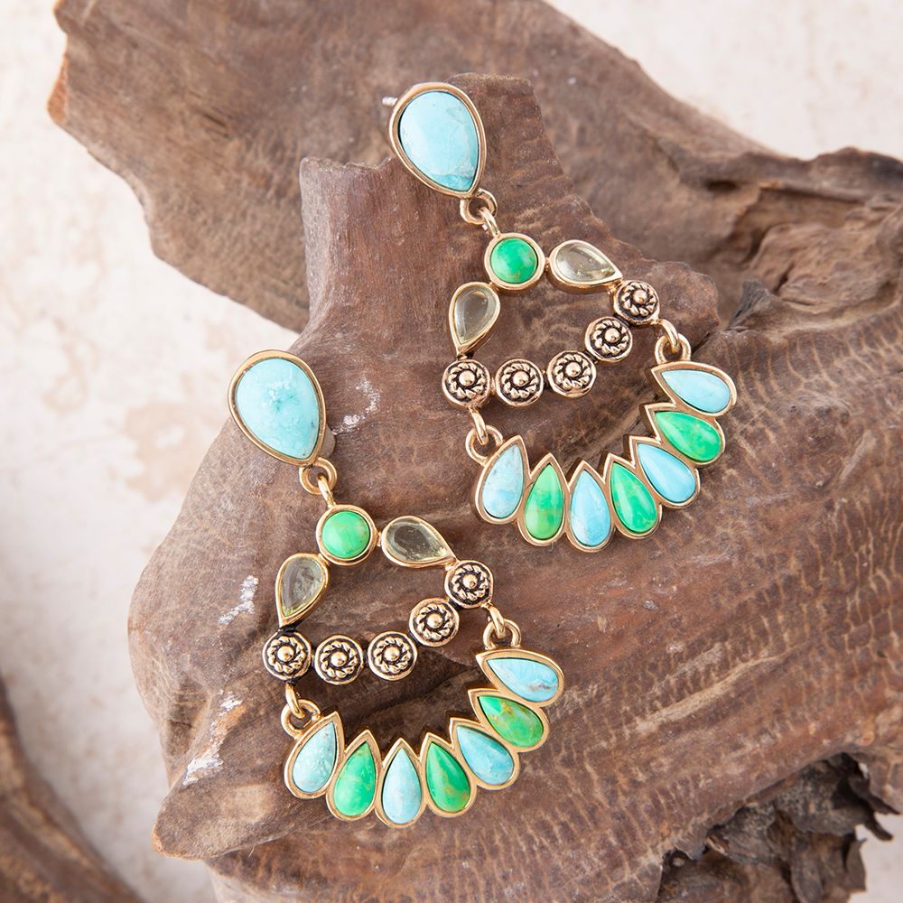 Orecchini pendenti con perno dorato Legacy blu e lime turchese