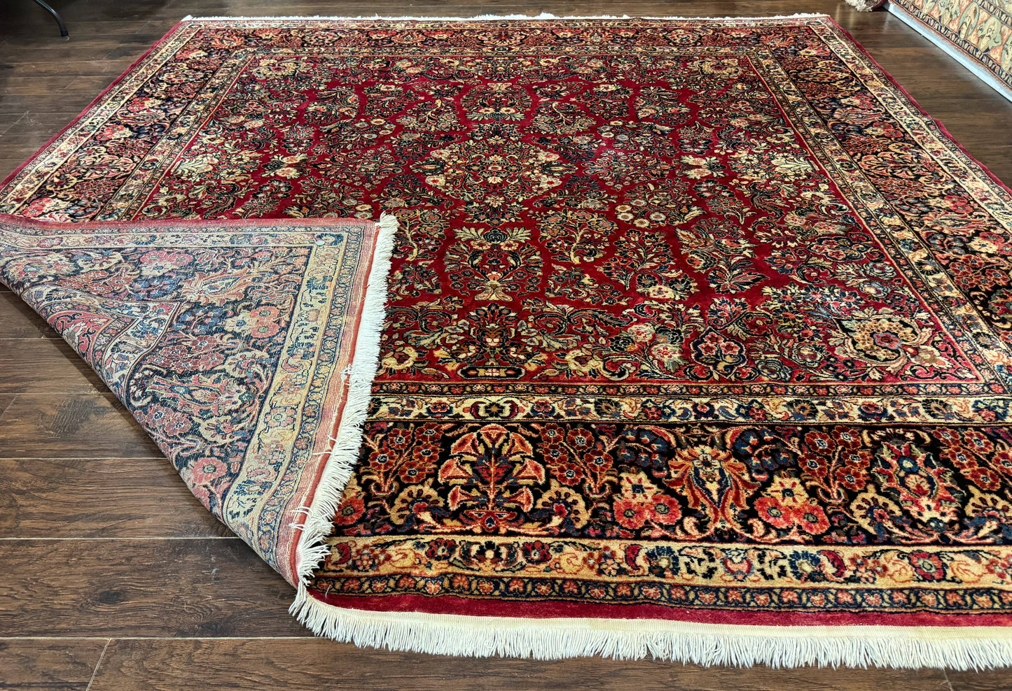 Persian Sarouk Rug 10x10, Square Persian Carpet, Red, Floral, Antique