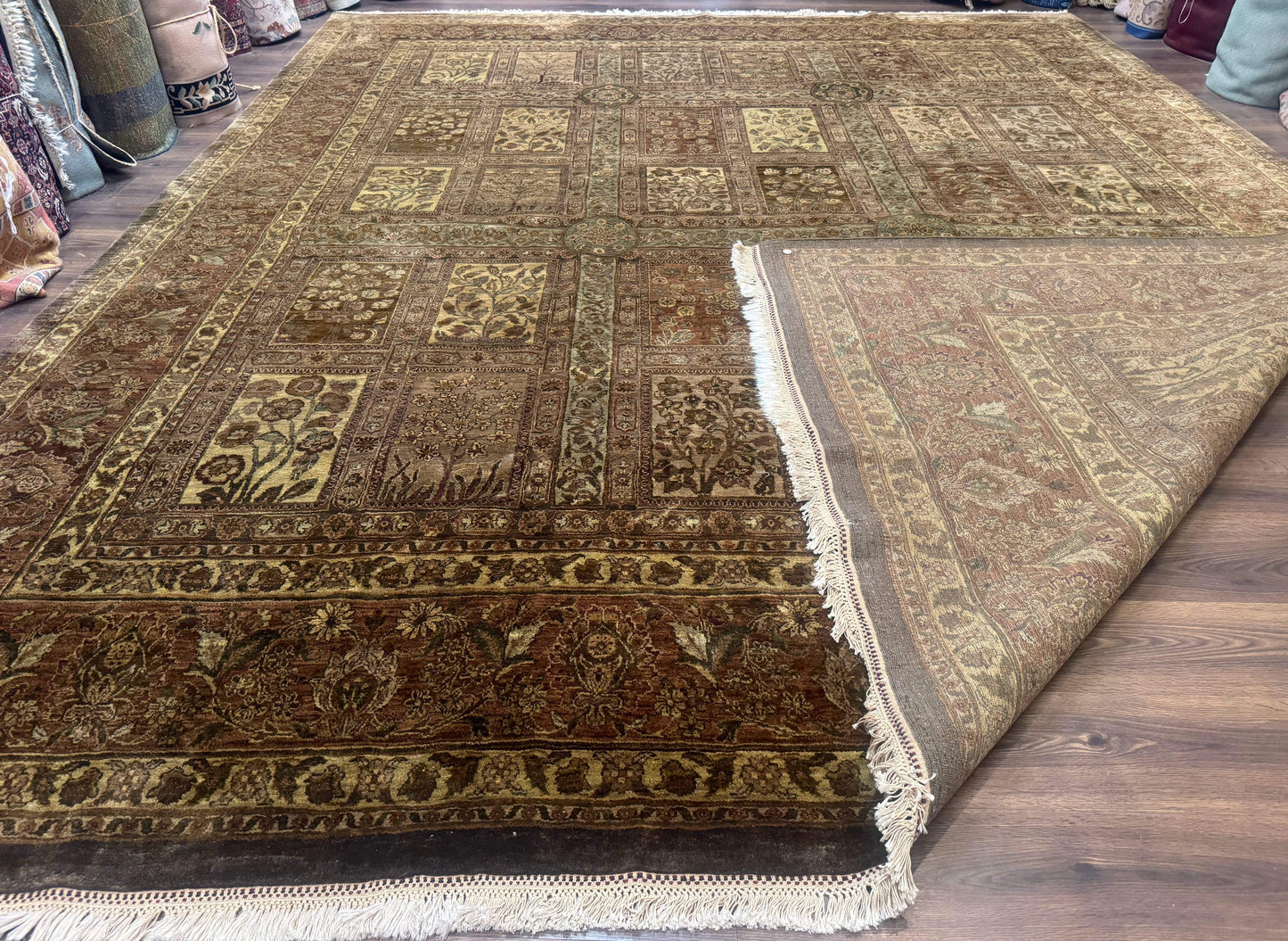 Large Indian Wool Rug 12x14, Wool Handmade Panel Design Carpet, Traditional, Palace Size