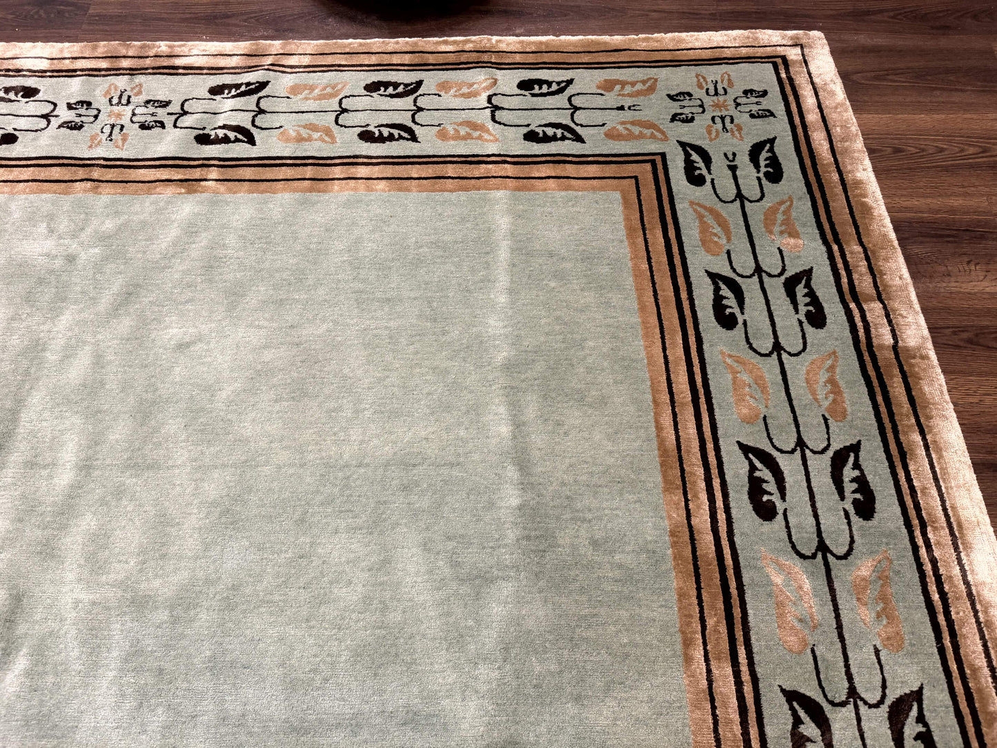Palace Size Nepali Rug 9x18, Open Field, Light Mint Green, Wool Hand Knotted, Modern Contemporary