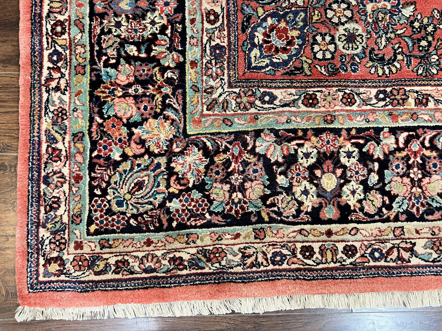 Square Persian Sarouk Rug 11x11 ft, Rare Size, Hand Knotted Wool Floral Allover Red Persian Carpet, Handmade Antique Rug