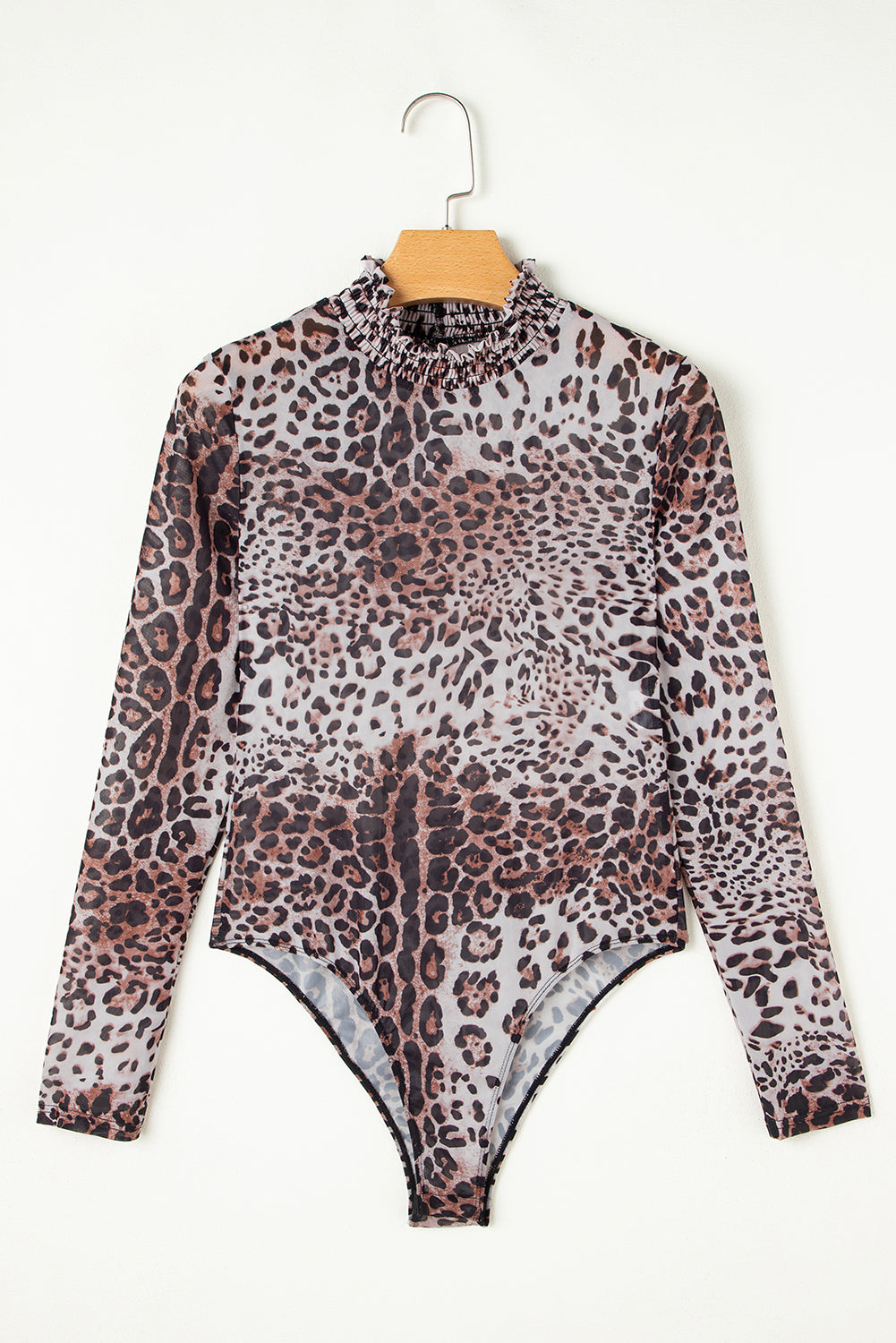 Leopard geraffter Kragen Mesh Langarm-Body