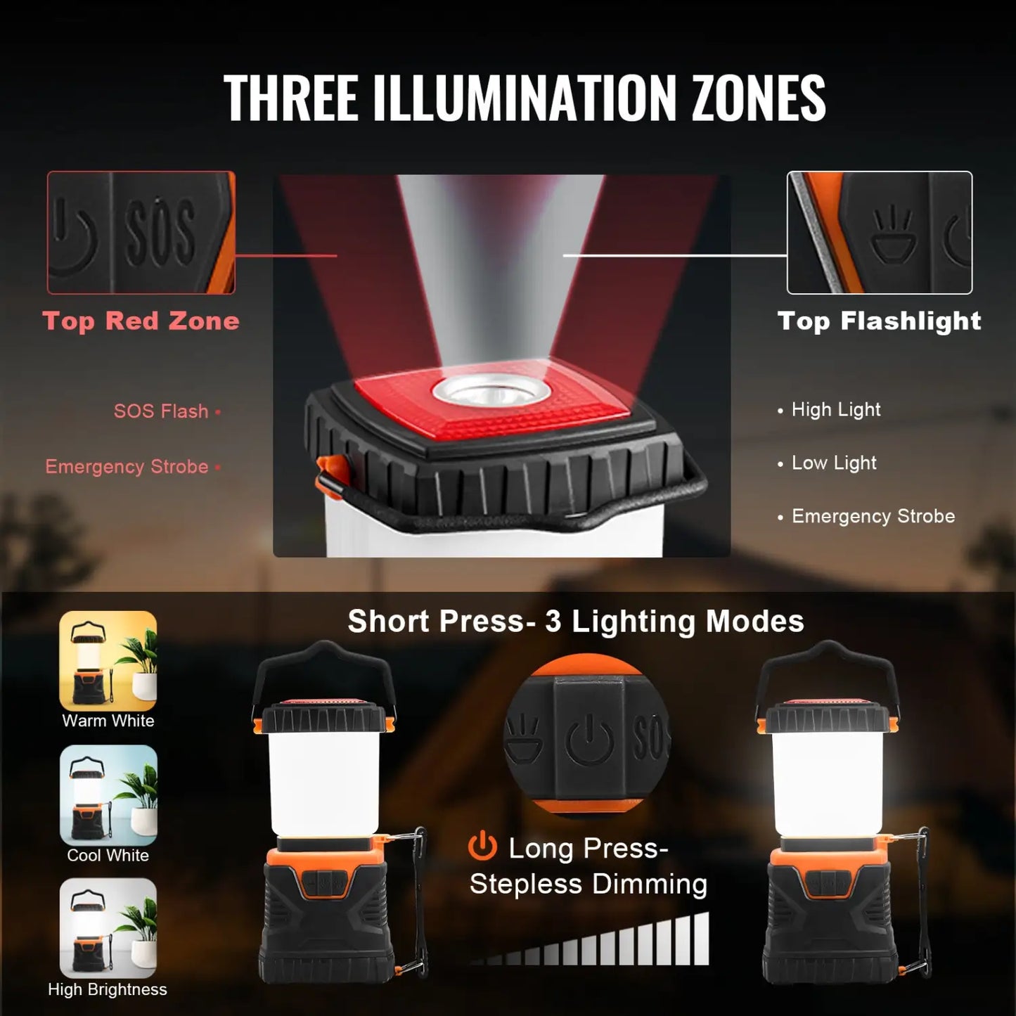 Lampada LED resistente e portatile con manico per luci da campeggio all'aperto